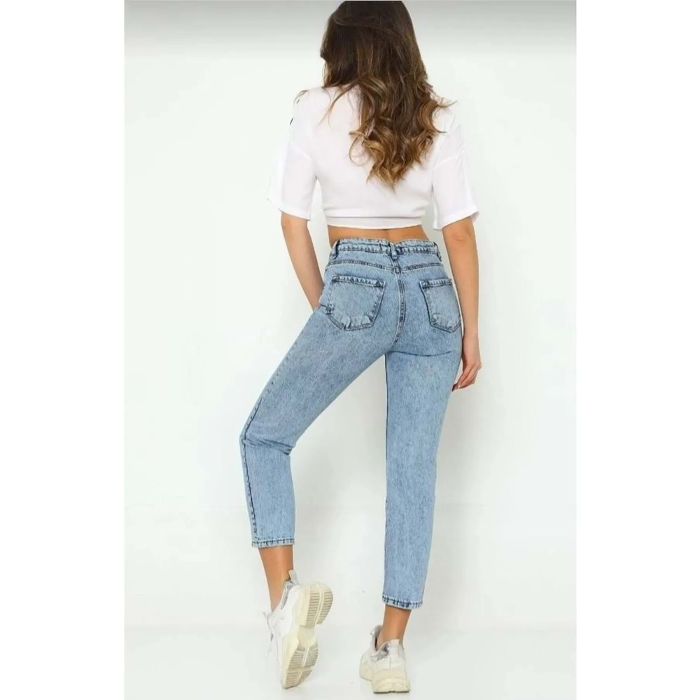 Kadın Mavi Asit Kar Yıkamalı Yüksek Bel Boyfrend Mom Jeans Pantolon